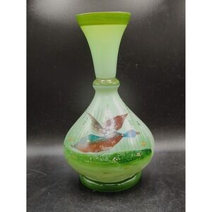 Antique Victorian Hand Painted Art Glass Vase Duck Bird Green‎ Enameled 8.25"